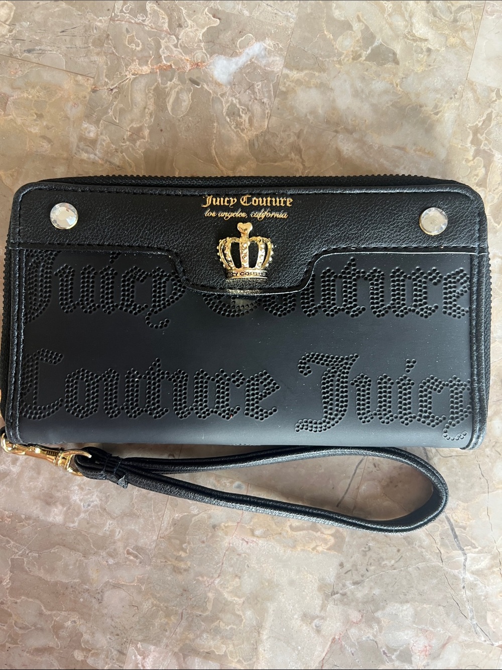 Juicy Couture Black Quilted Logo Wristlet Wallet with Gold Crown Accent NWOT